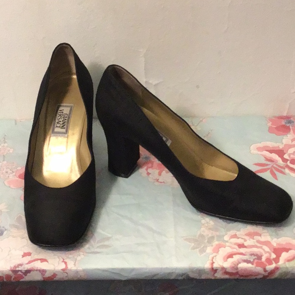 Gianni Versace Black Satin Square Toe Heels Sz 8.5